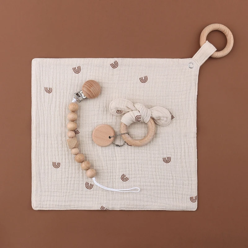1 set Bunny Ear Wooden Ring Baby Teether Cotton Baby Bibs Newborn Saliva Towel Pacifier Clips Chain Set Baby Gym Molar Bracelet
