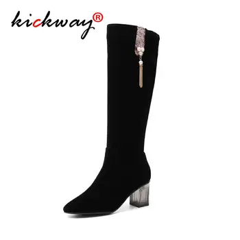 

Drop Shipping Boots Ladies Sexy knee high Boots women Metal Tassel Long Boots Square Clear High Heels Shoes Large Size 34-48