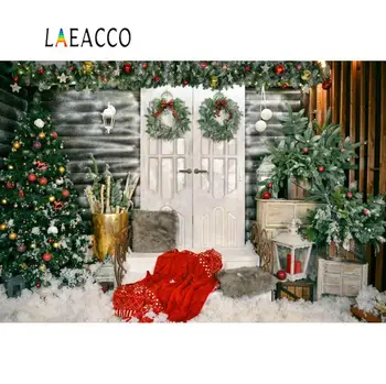 

Laeacco Christmas Background For Photography Winter Snow Tree Gift Wreath Rural Yard Party Child Interior Backdrop Photocall