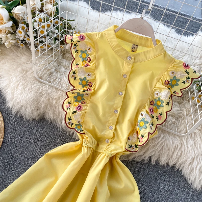 Slim Ruffles 2020 Sexy embroidery flower Dress Summer Short Party high waist tank sundress Women Casual a-line beach dresses
