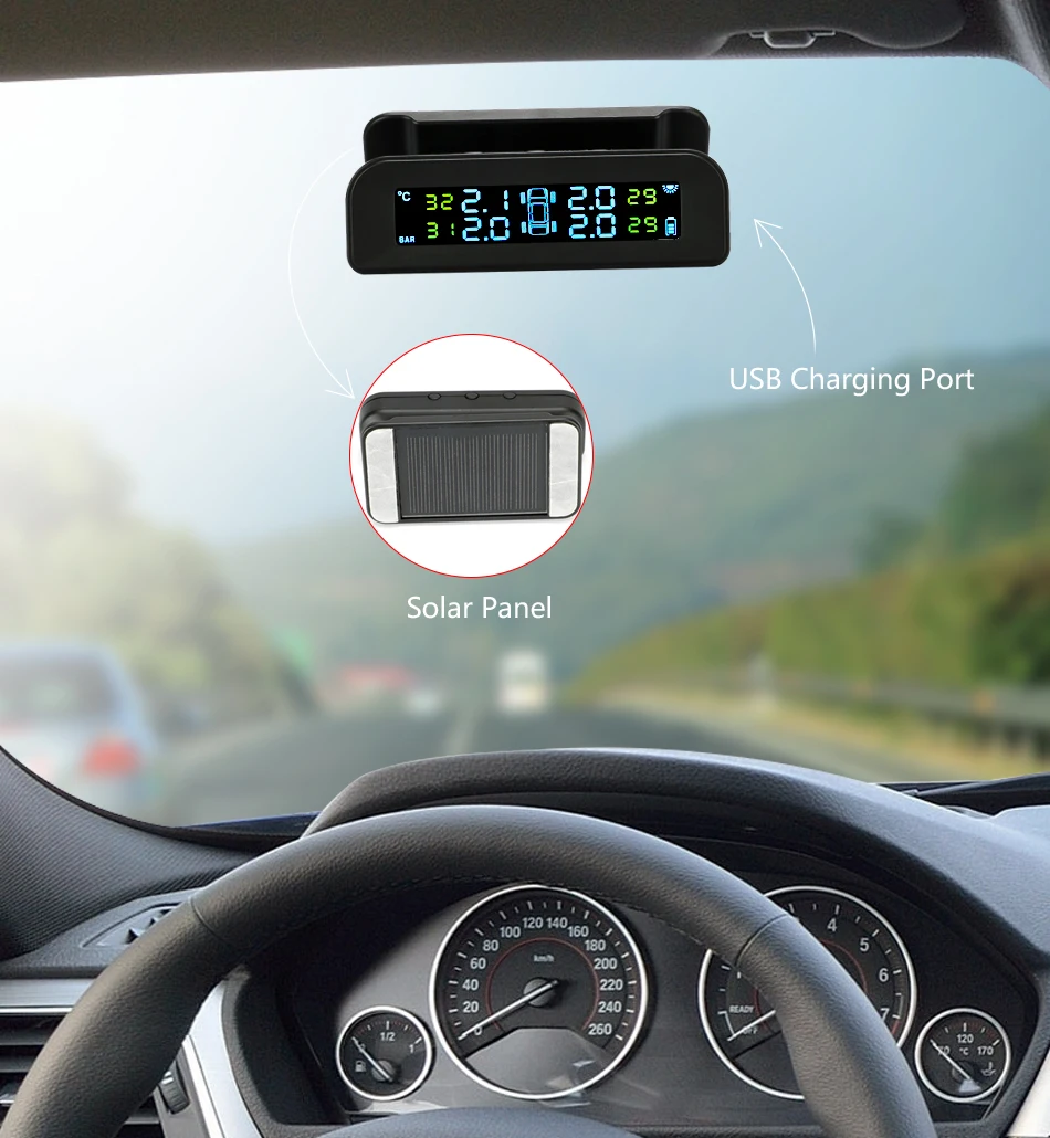Develuck TPMS Car Tire Pressure Monitor System  Automatic Brightness Control  Solar Power  Adjustable LCD screen Wireless 4 tire