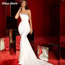Elegante vestido de noche blanco de sirena sin tirantes, vestido de fiesta plisado personalizado de alta calidad, 2022