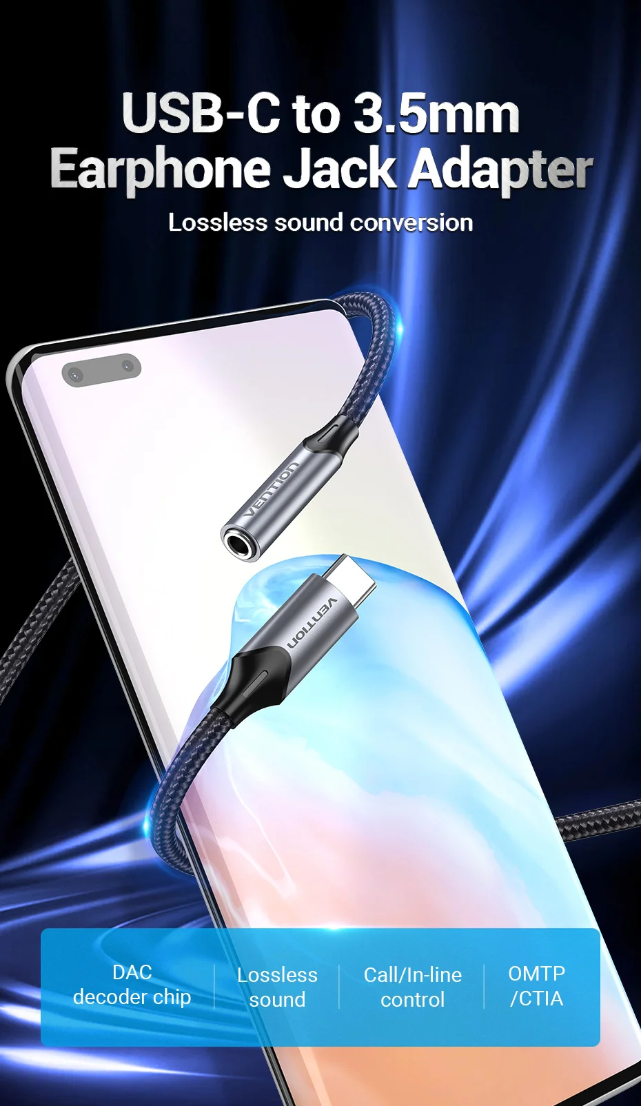 Vention Typ-C zu 3,5mm Kopfhöreranschluss-Adapter USB-C zu 3,5mm Audio-Kabel Aux-Kopfhörer-Audiokabel mit DAC-Chip für Samsung Galaxy – Detail 1