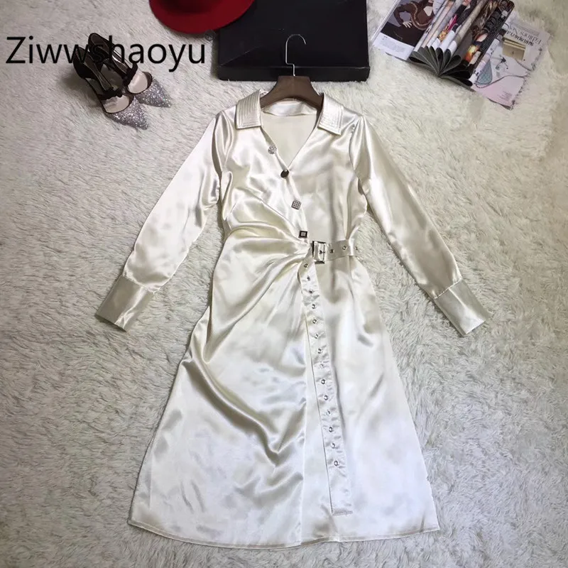 

Ziwwshaoyu Designer Solid Color Leisure Midi Dresses Women's Crystal Button Decoration Simple Dress + Belt