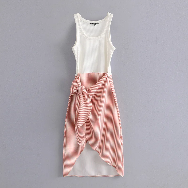 

Spring And Summer New Style Western Style Hot Selling Knot Decoration Dress Stripes Joint Slim Fit Vest Skirt
