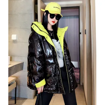 

Winter 90% White Duck Down Jacket Women 2020 New Glossy Hooded Waterproof Puffer Jacket Warm Hit Color Oversize Parka Coat