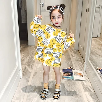 

Spring girls t shirt baby pullover kids long tee children streetwear yellow smile letter banana doodle print 4-14 grils clothes