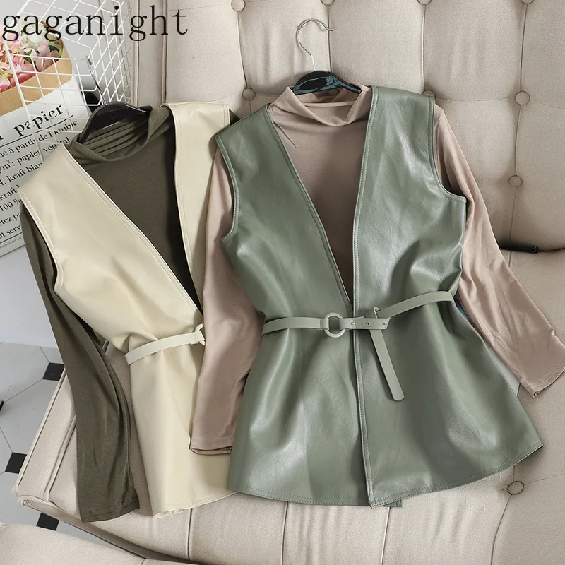 

Gaganight Spring Autumn Women Two Pieces Set Long Sleeves Half Turtleneck Basic T Shirt Female Solid PU Leather Vest Sashes Chic
