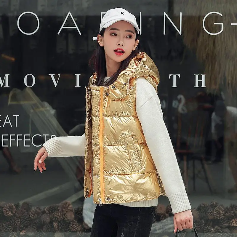 Gold New Women Short Winter Vest Jacket Female Gold Silver Shiny Girl Waistcoat Womens Vest Coat Streetwear Outerwear W05 - Цвет: Gold