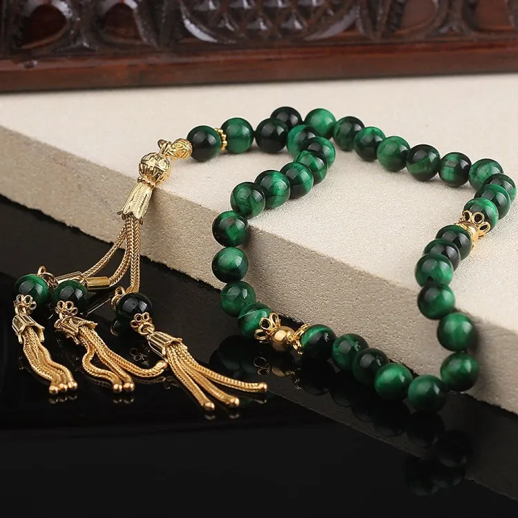 33 Beads Tiger Eye Muslim Prayer Tasbih Misbaha Islamic Jewelry Subha Capsule Cut Tassel 925 Caliber Silver