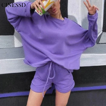 

Women Solid Loose Suit Set Batwing Long Sleeve Oversize Pullover Sweatshirt Drawstring Sports Shorts 2 Piece Outfits