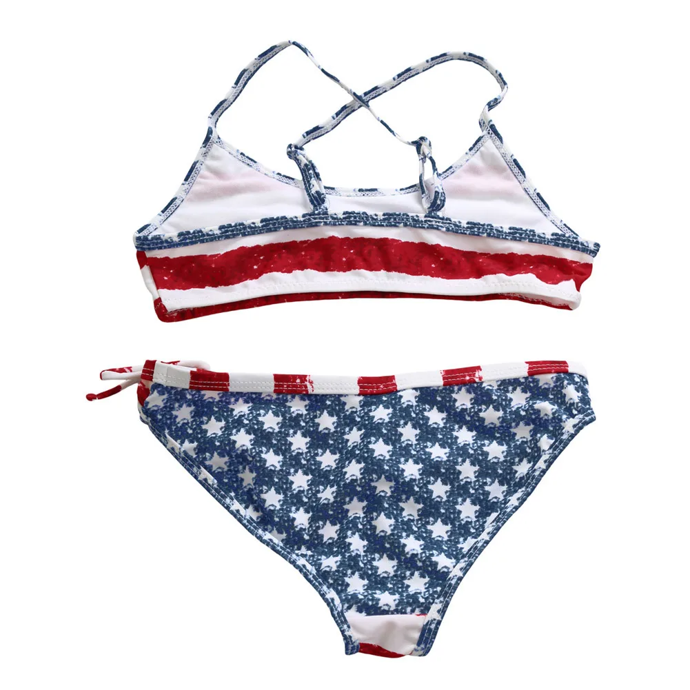 

New Style America National Flag Flounced KID'S Swimwear Students Girls Split Type Camisole Triangular Bathing Suit