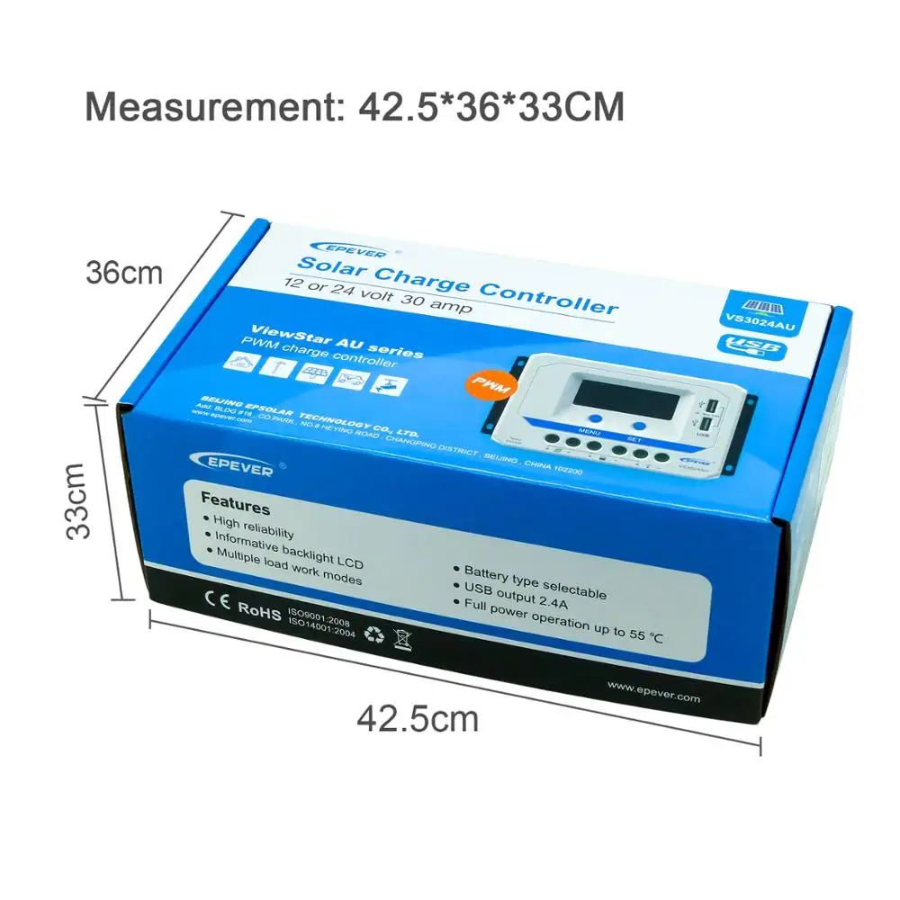 EPever VS3024AU 30A 12 В 24 В автоматическая работа, двойные USB порты зарядки с интеллектуальной функцией ШИМ контроллеры умного дома