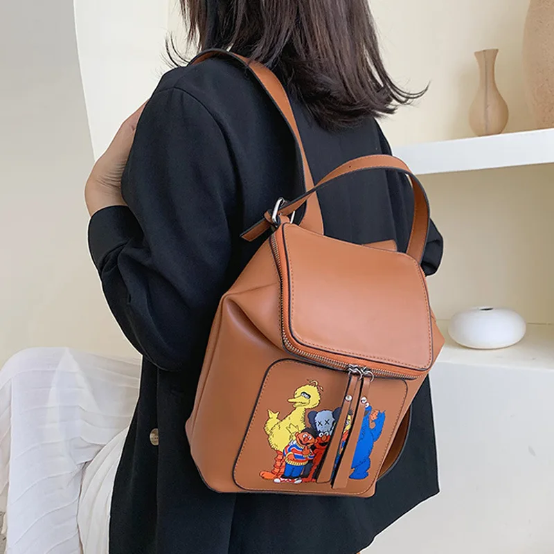 

New Style Women's PU Leather Backpack Sesame Street Hot Selling Backpack Versitile Fashion Casual Bag Fashion