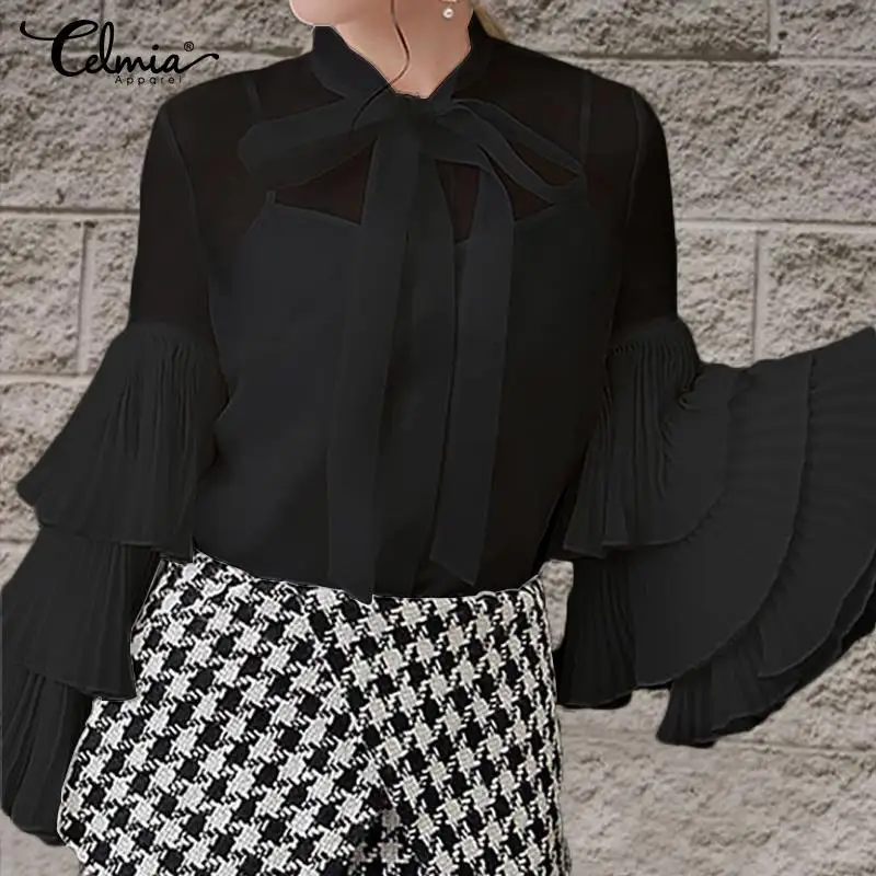  2019 Celmia Stylish Women Blouses Ladies See Through Sexy Shirts Long Sleeve Ruffles Top Plus Size 