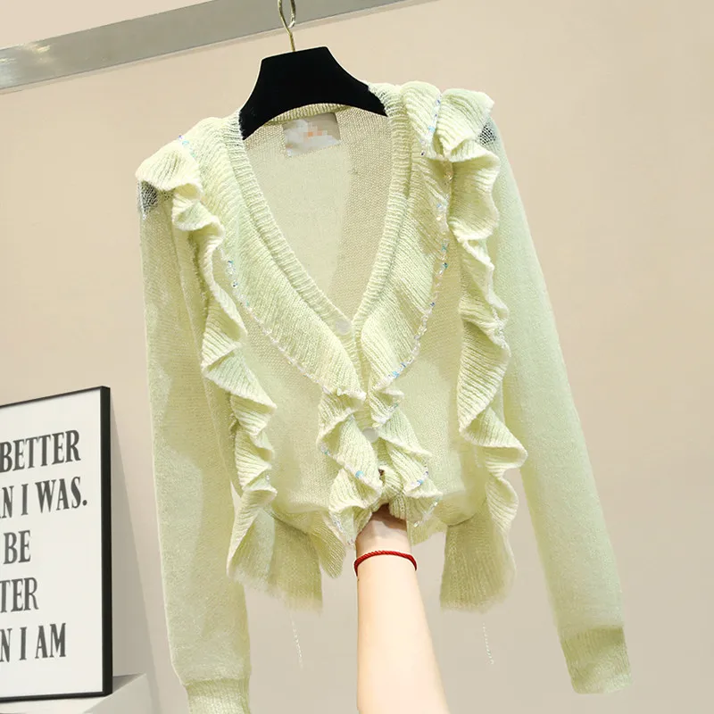 Woman's Sweaters New Ruffle V-neck Spring Autumn Female Coat Cardigan Ladies Ruffles Knitted Cardigans Woman's Sweaters New Ruffle V-neck Spring Autumn Female Coat Cardigan Ladies Ruffles Knitted Cardigans