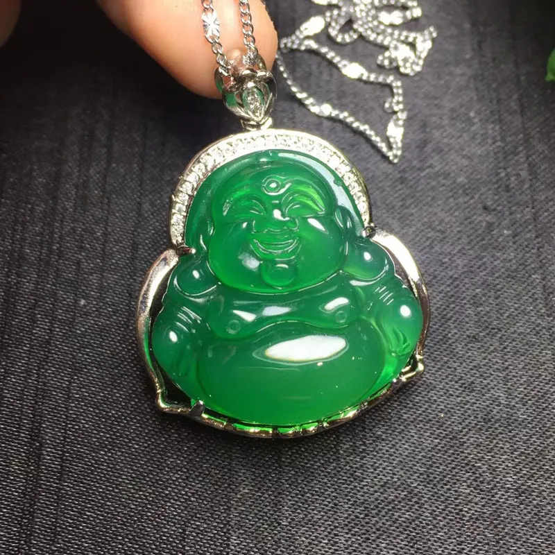 

Natural Green Chalcedony Lady 925 Silver Inlaid Laughing Buddha Pendant Fashion Mom Jewelry Necklace Clavicle Chain Pendant Gift