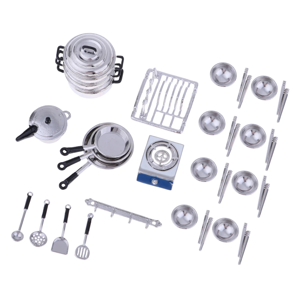 1:12 Dollhouse Miniature Metal Pots and Pans & Tableware Set Kids DIY Accessories