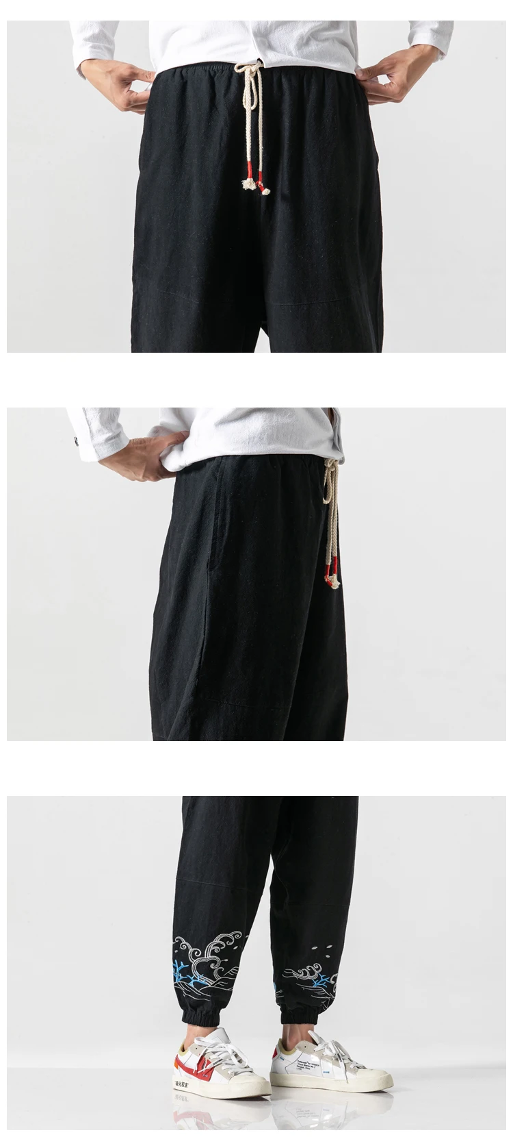 Новые модные штаны-шаровары мужские льняные хлопковые дышащие Джоггеры мужские вышитые узор в китайском стиле мужские брюки B375-K91