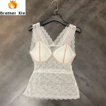 

Lace Tank Top for Women Sext Tops 2020 Spring and Summer New Lace Elasticity Slim Fit Sexy Translucent Strapped Vest