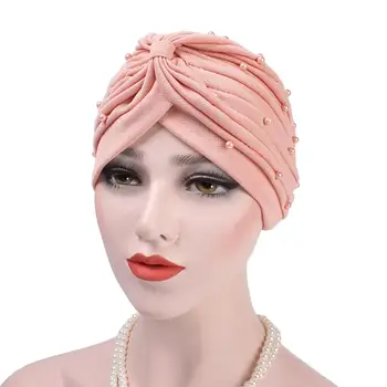 

Women Turban Hat Faux Pearl Pleated Muslim Hijab Stretch Cap Chemo Head Scarf