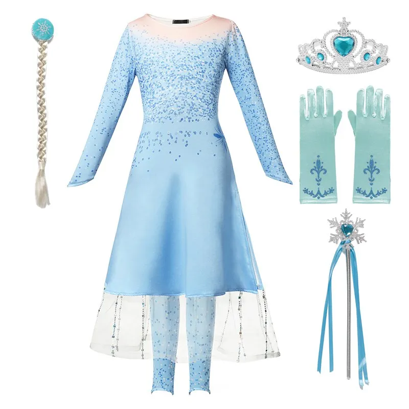 VOGUEON/Новое голубое платье принцессы Эльзы 2 для девочек; платье Снежной королевы с длинными рукавами и пуховое платье; 2 упаковки; костюм на Хэллоуин, Рождество, вечеринку - Цвет: Dress Set 03