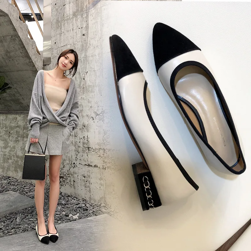 

2019 Spring And Autumn Cabinet Big Brand Mixed Colors Korean-style Shallow Mouth Pointed Chunky-Heel Semi-high Heeled Retro Genu