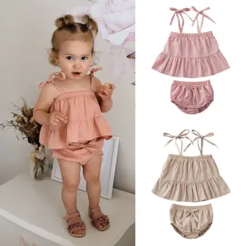 

Newborn Baby Girls 2PCS Clothes Set Cute Summer Toddler Infant Pleated Tops Vest Bow Shorts Pants Beach Outfits Suit