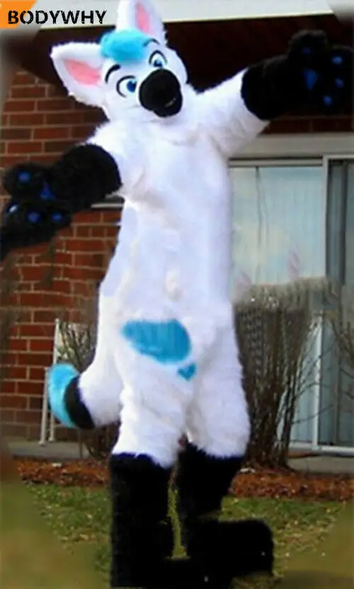 Белый Хаски Костюм лисы-маскота длинный Fursuit Аниме Косплей нарядное платье для