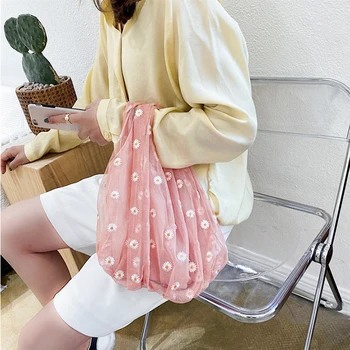 

2020 Women Small Transparent Tote Mesh Cloth Bag Daisy Embroidery Handbag High Quality Eco Fruit Bag Purses For Girls Shopping