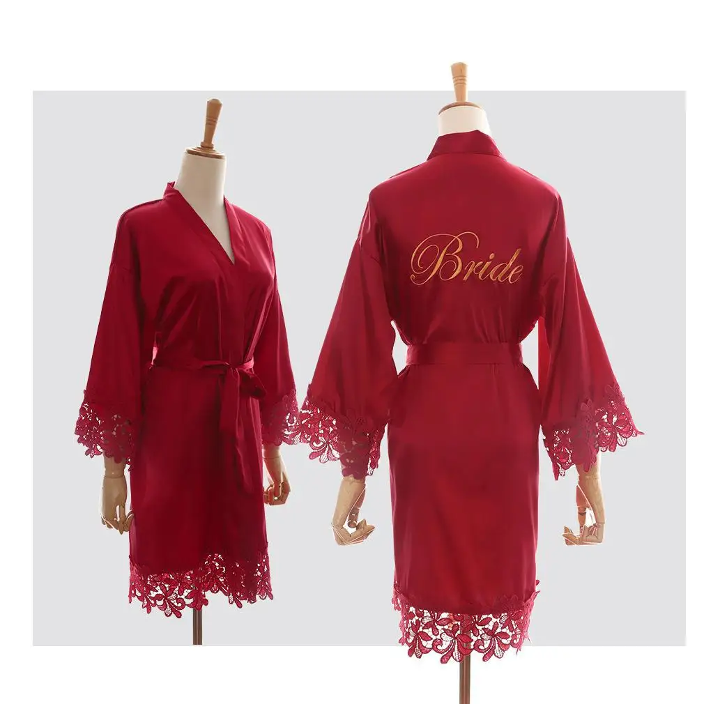 White Bride Bridesmaid Wedding Robe Satin Bathrobe Women Lace Patchwork Sleepwear Intimate Lingerie Sexy Nightdress Kimono Gown
