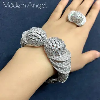 

ModemAngel 2019 Hot Charms 2PCS Africa Bangle/Ring Set For Women Geometry Dubai Jewelry Set Cubic Zircon Nigeria Wedding Jewelry