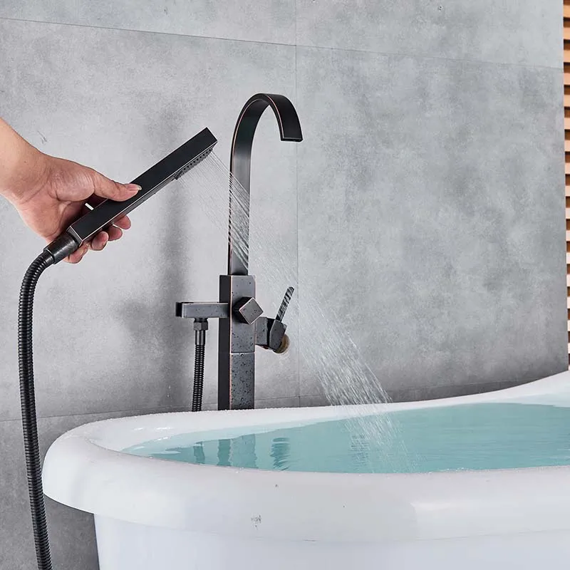 Standing Bathtub Faucet Tub Filler Bathroom Floor Mount Black Bronze Bathtub Mixer Tap Single Handle Faucet Tap Bathroom Tub 3