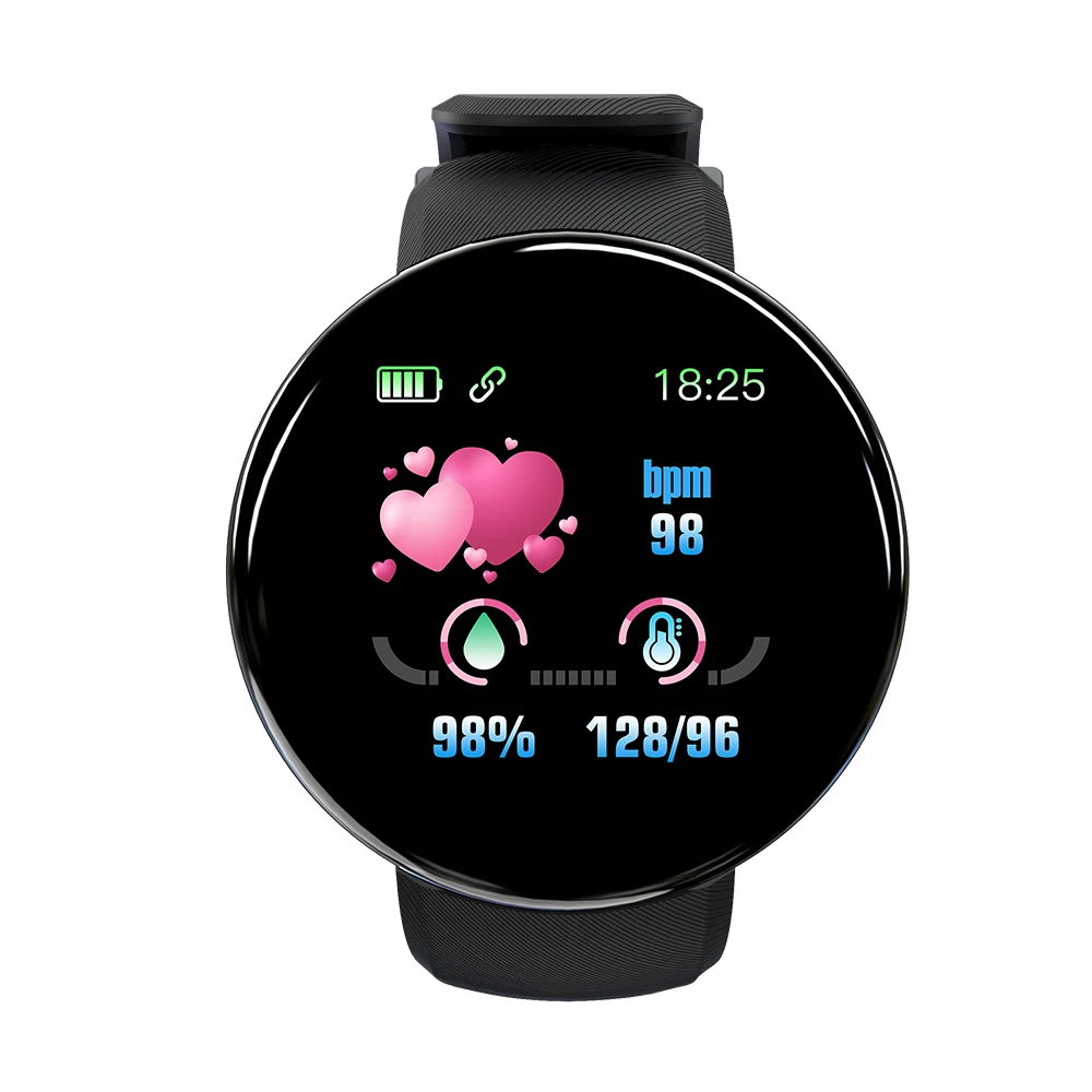 D18 фитнес часы сердечного ритма Смарт часы трекер монитор кровяного давления измерение уровня кислорода в крови для IOS Android телефон - Цвет: Black