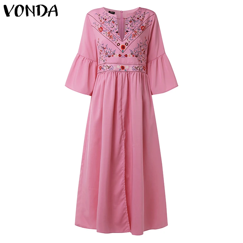 Богемное женское винтажное платье с принтом VONDA сексуальное платье с v-образным вырезом и рукавами с рюшами макси длинные платья размера плюс повседневные свободные платья - Цвет: Pink