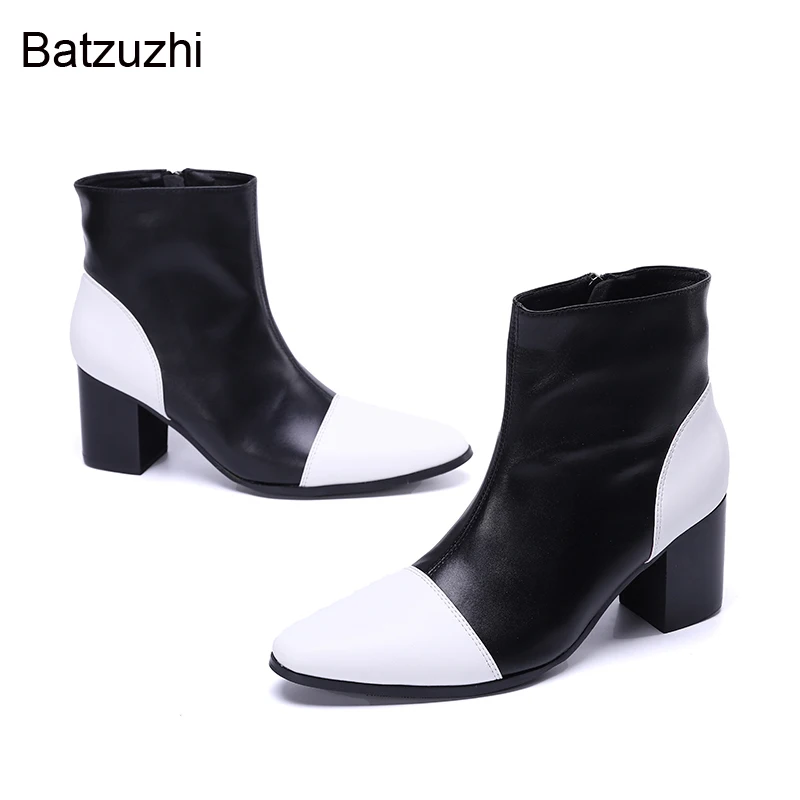Batzuzhi 7.5cm Heels Highs Men's Boots Handmade Personality Black White Genuine Leather Ankle Boots Men for Party & Wedding Male