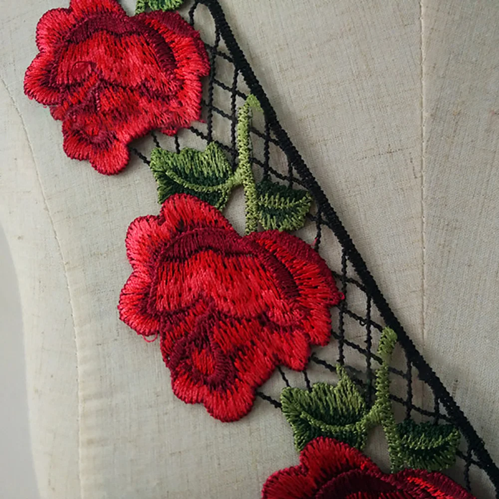 1 ярд красная вышитая Роза кружевная отделка модная декоративная аппликация