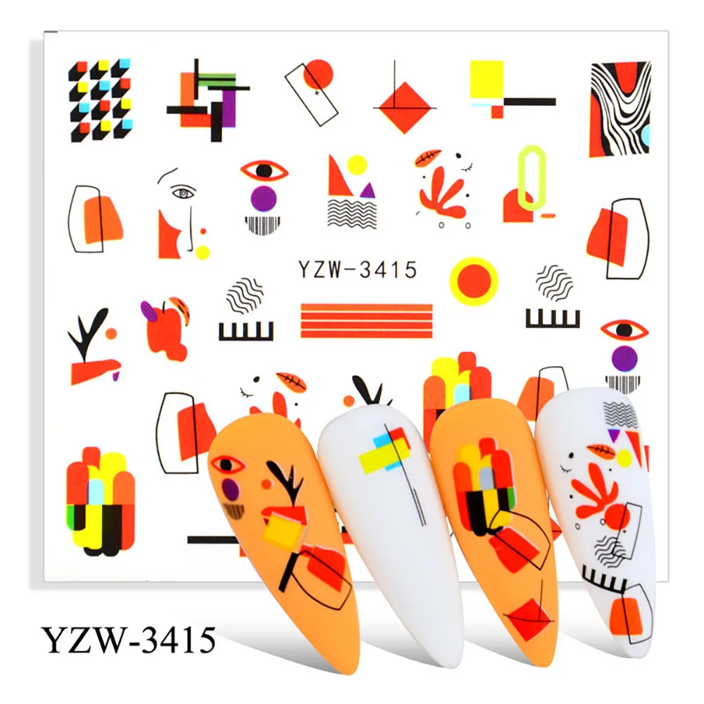 Colorful Face Flower Stickers Nail Stickers Transfer Nails Water Decal Nail Decals Leaf Sticker Series Watermark Nails Geometric