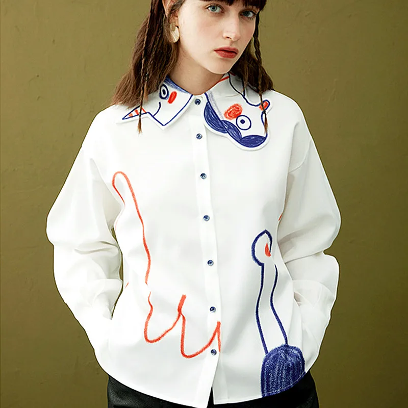 Весенние женские рубашки feminino милые Graffit живопись печати длинный рукав
