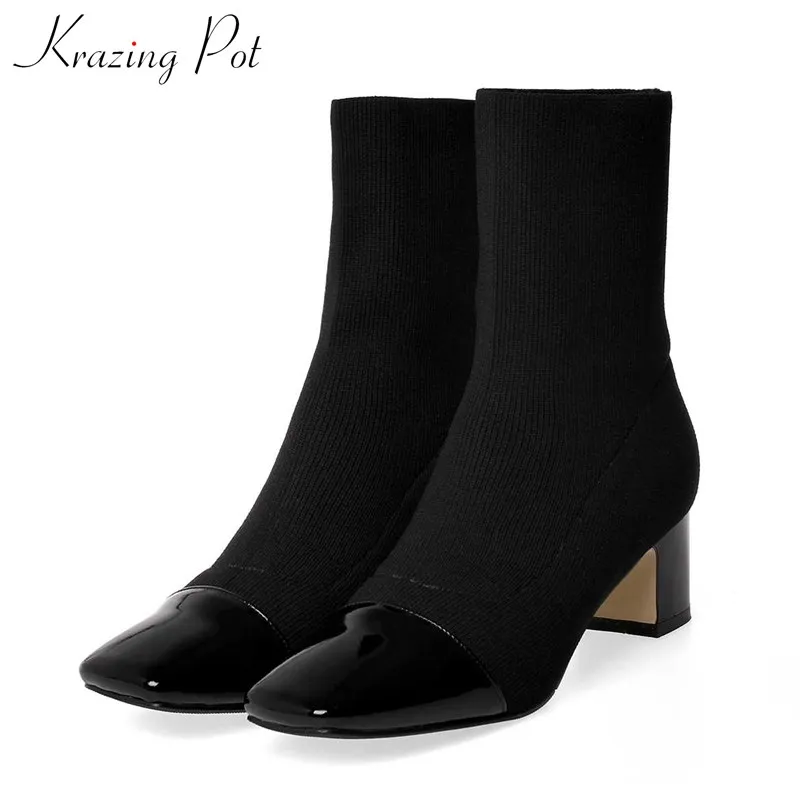 

krazing pot hot modern knitting patchwork cow leather stretch boots square toe high heels women fashion winter ankle boots L07