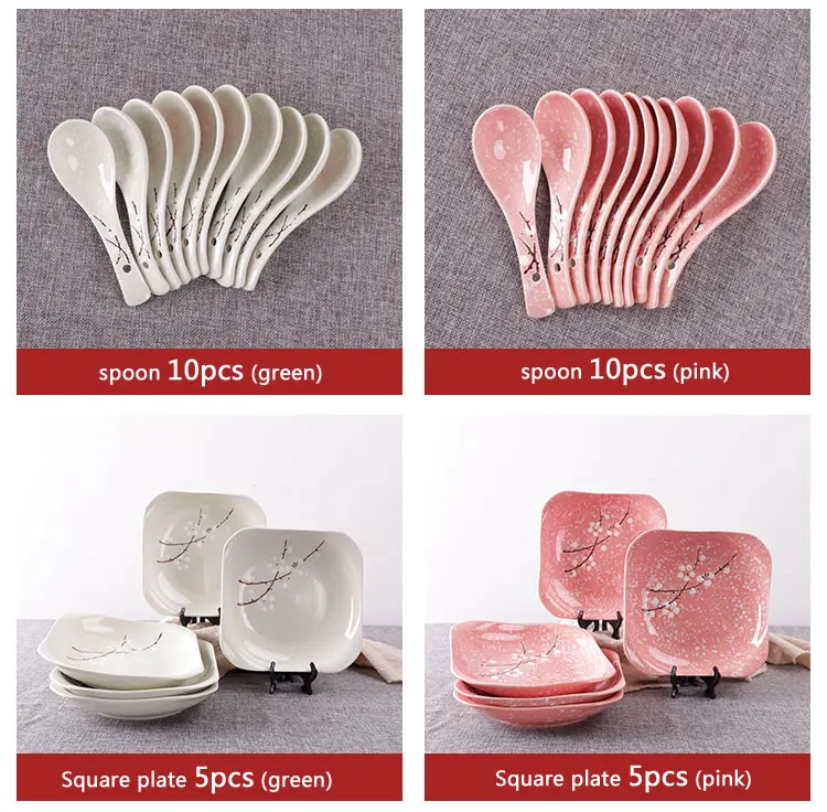 Ceramic bowl and plate Japanese tableware home snow glaze underglaze simple cute pattern bowl noodle rice bowl 10 Pack