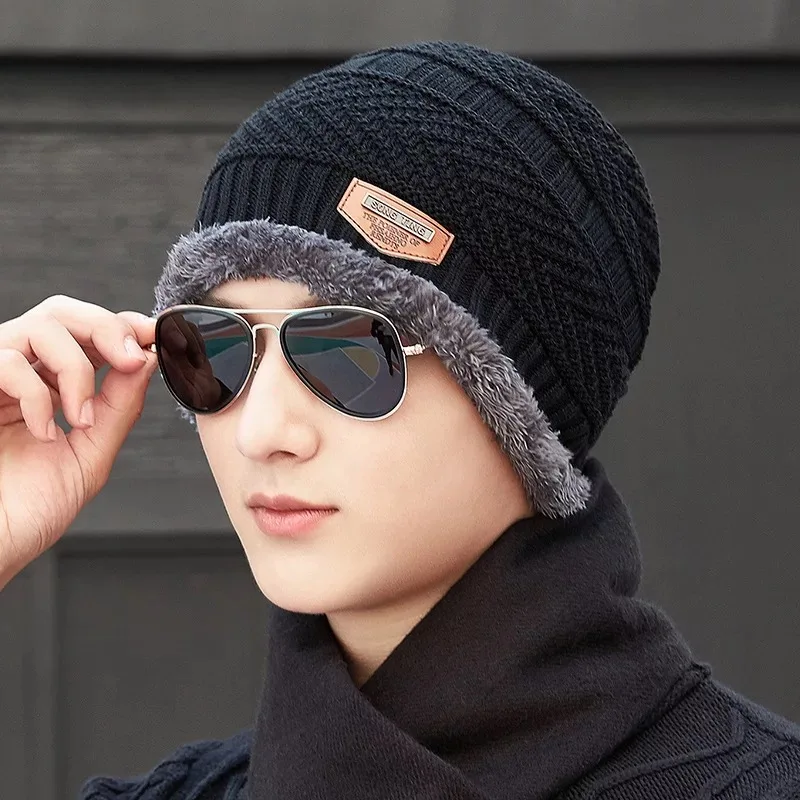 Korean warmer winter hat knit cap scarf cap Winter Hats For men and children knitted hat men Beanie Knit Hat Beanies - Цвет: black single hat