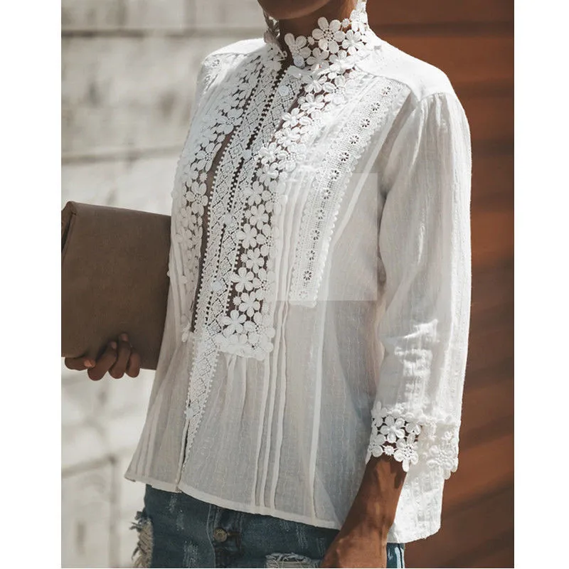 Office Lady Lace Floral Patchwork Womens Blouse Pink Boho Casual Sweet Girl Female Shirt Spring Summer Women Top Plus Size