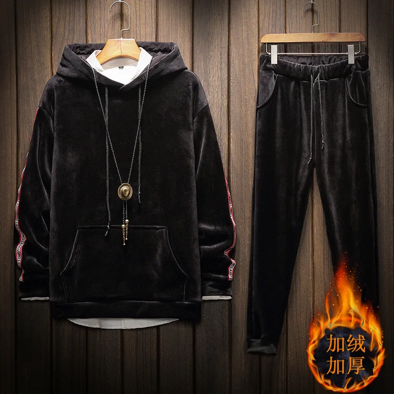 

Plus Golden Velvet Tracksuits Men Set Hooded Thicken Fleece Hoodies + Sweatpant Fashion Warm Men Sweat Suit Set No Accessories