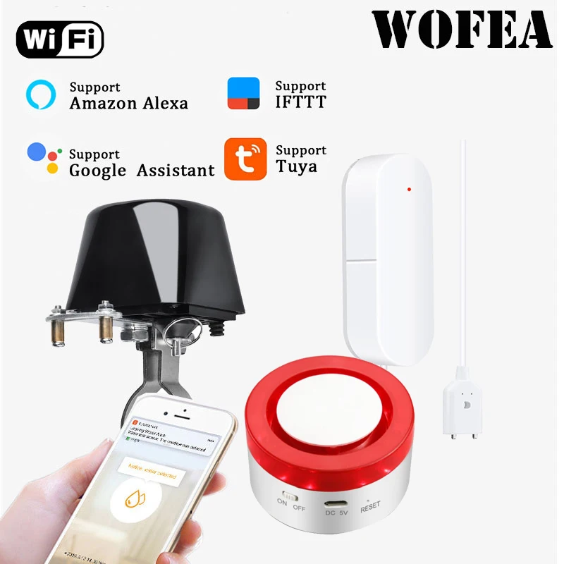 Wofea wifi датчик воды с автоматическим запорным клапаном умная сирена Автоматизация совместима с Alexa - Цвет: Water Valve Siren