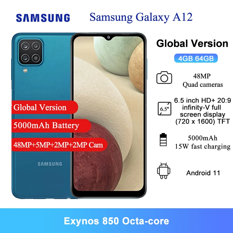 Смартфон Samsung Galaxy A12 глобальная Версия Мобильный телефон экран 6 5 дюйма