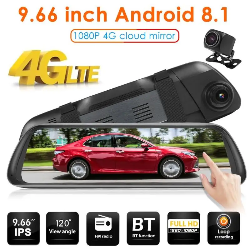 

D30 9.66 inch 4G Android 8.1 Car DVR Camera 1200Mega Dual Lens 1080P HD Rearview Mirror Dash Cam Bluetooth Car Dash Camera