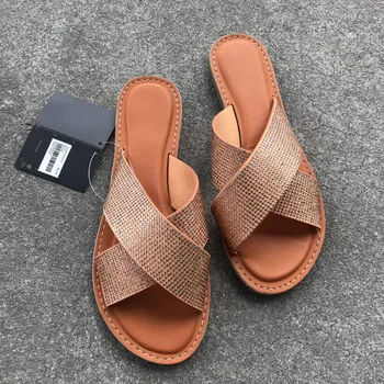 

Women Sandals Shoes for 2020 Summer Fashion Cross with Diamond Open Toe Flat Slides Large Size Female Slippers Summer Footwear