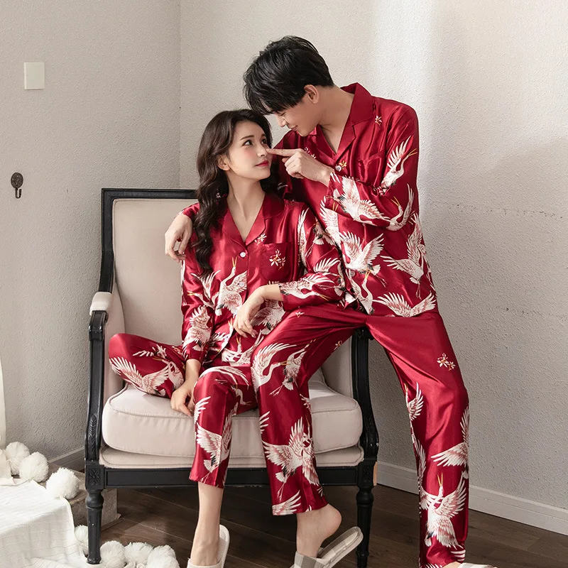 

Crane Print Pajamas Set Lovers Pyjamas Women Silk Satin Pajama Sets Cartoon Couple Pajamas For Women Sleepwear Sets Pijama Muje