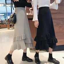 Женская Осенняя драпированная длинная трикотажная юбка с оборками, элегантная Зимняя шерстяная Смешанная трапециевидная длинная трикотажная юбка с эластичным поясом